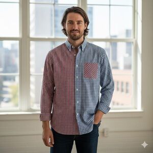 Brooks Brothers Sz XXL Red Blue Plaid Colorblock Patchwork Button Down Shirt